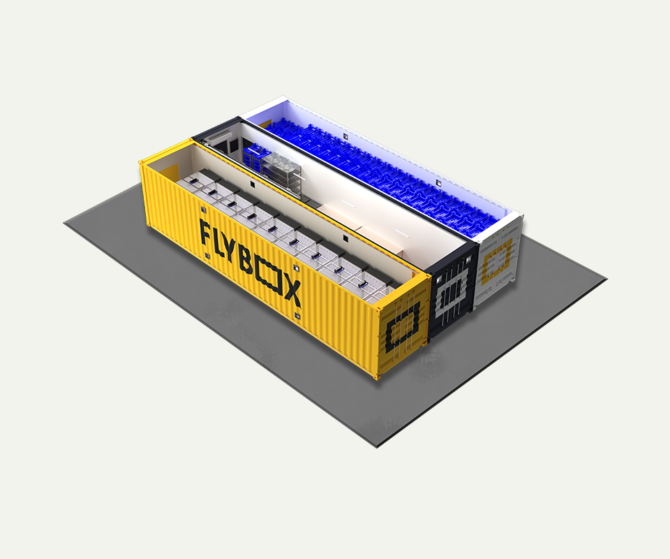 3D render of a Flybox R&D container insect farming system used to farm black soldier flies to transform organic waste into sustainable animal feed and organic fertilser