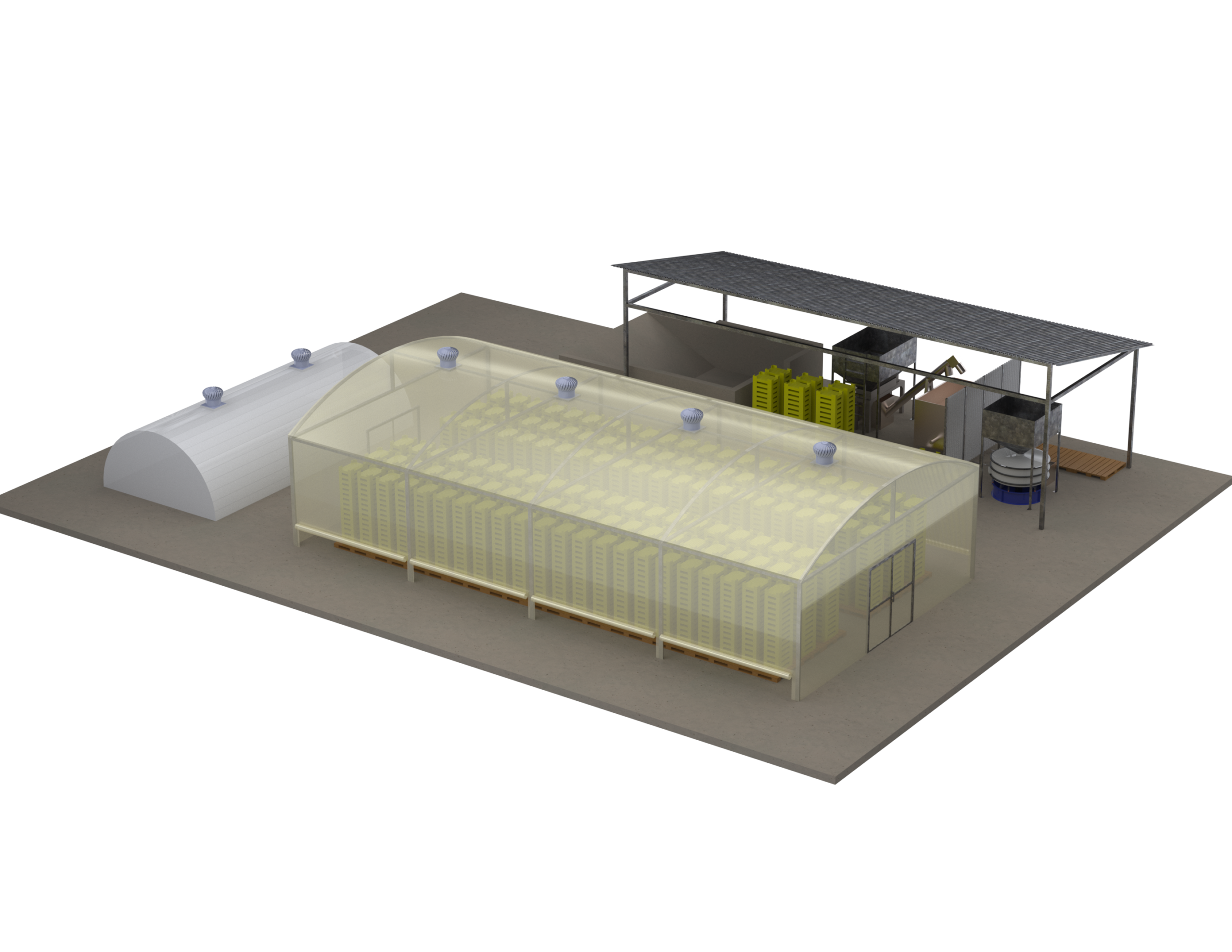 3D render of a Flybox polytunnel insect waste management system showing rearing area waste processing and product processing zones