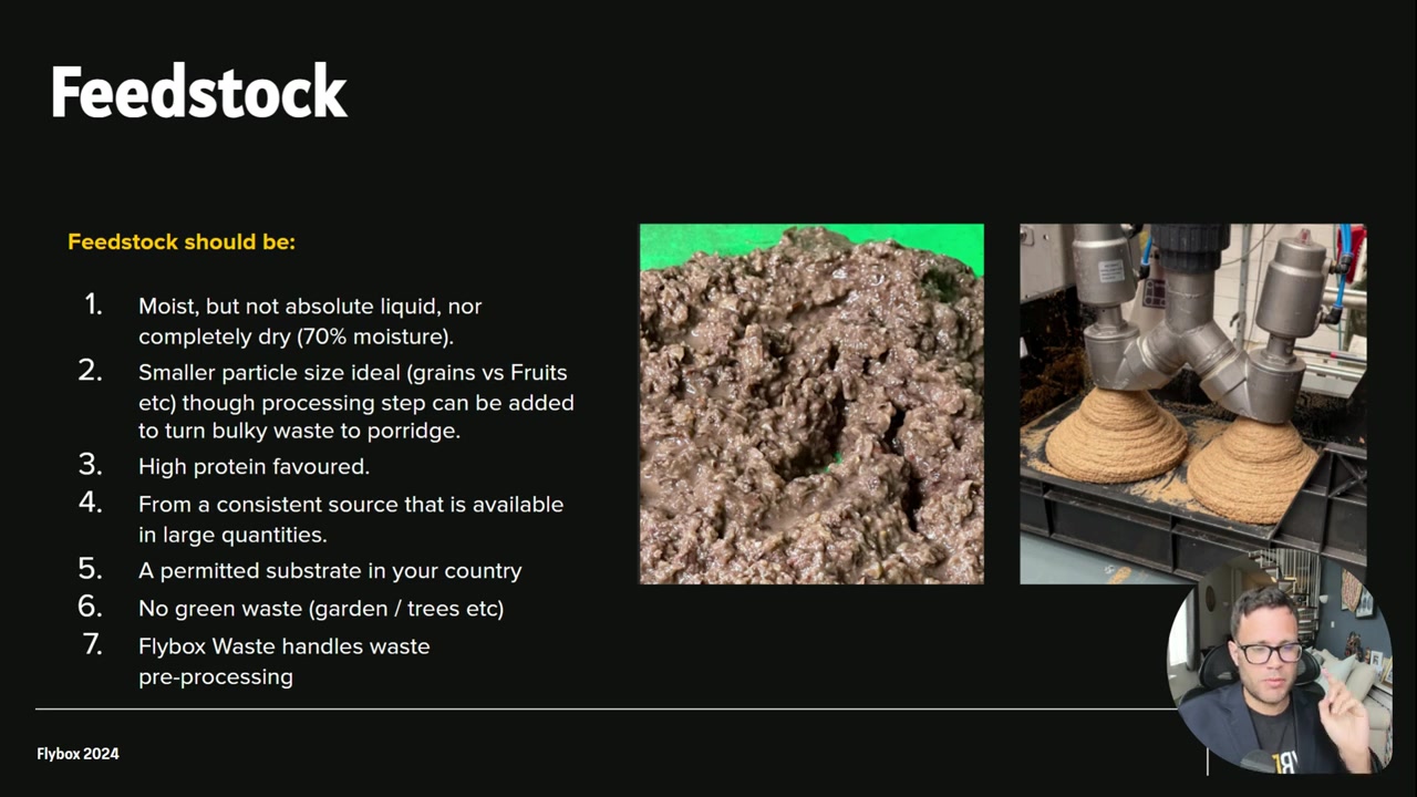 Flybox slide showing feedstock requirements for black soldier fly farming including 70 percent moisture and particle size